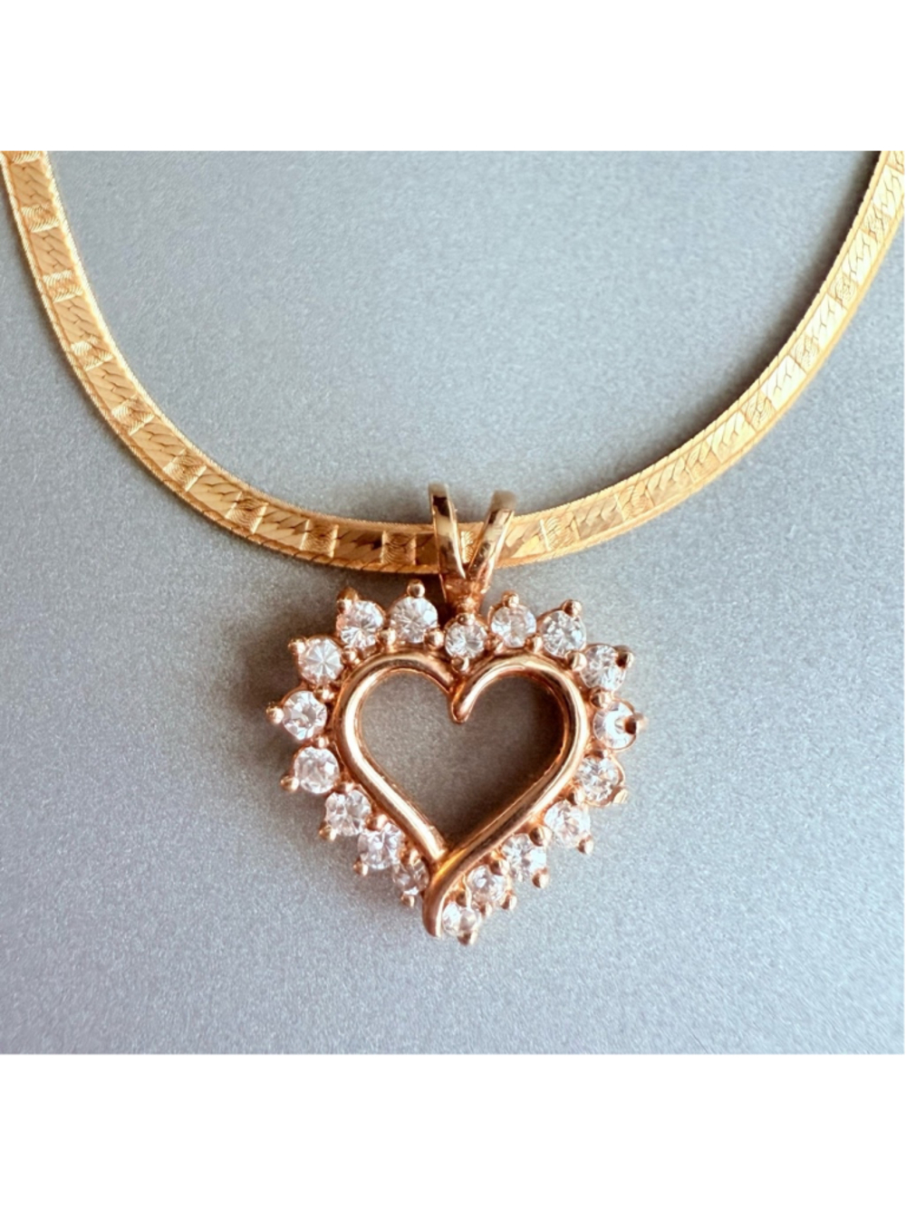 14K Solid Gold 1.25tcw CZ Open Heart Pendant Herringbone Flat Chain Necklace